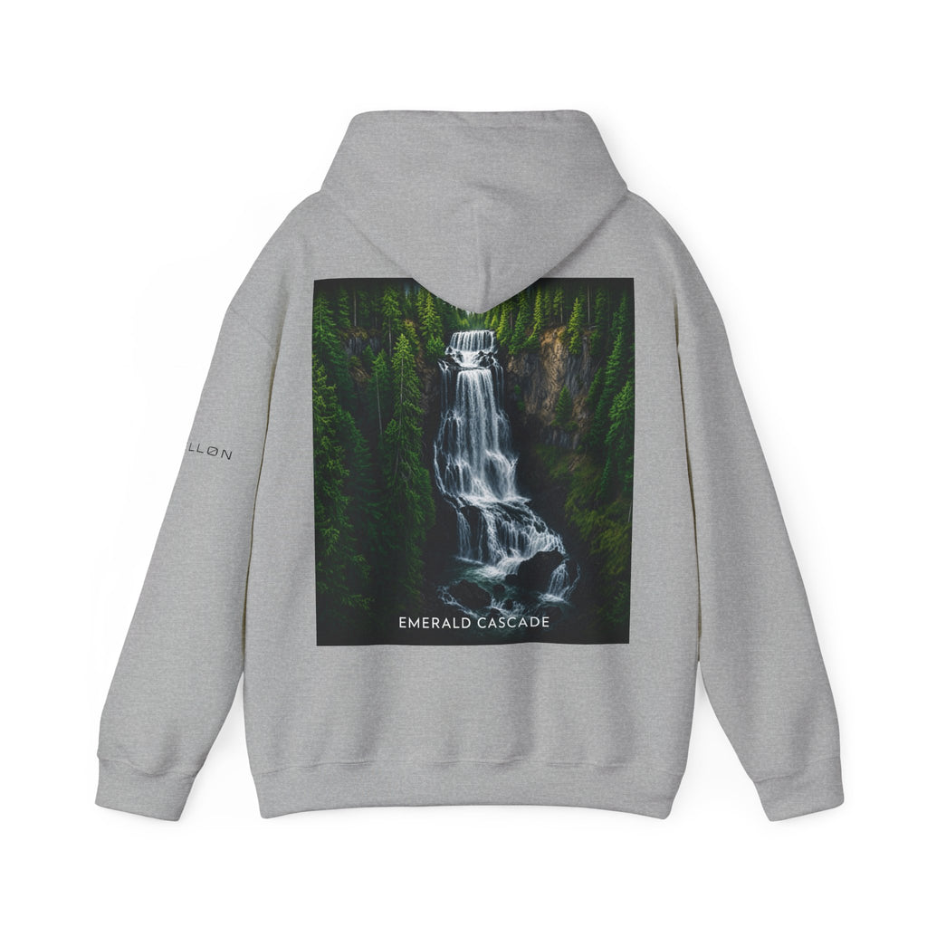 Emerald Cascade Waterfall Hoodie — Nature Graphic Hooded Sweatshirt