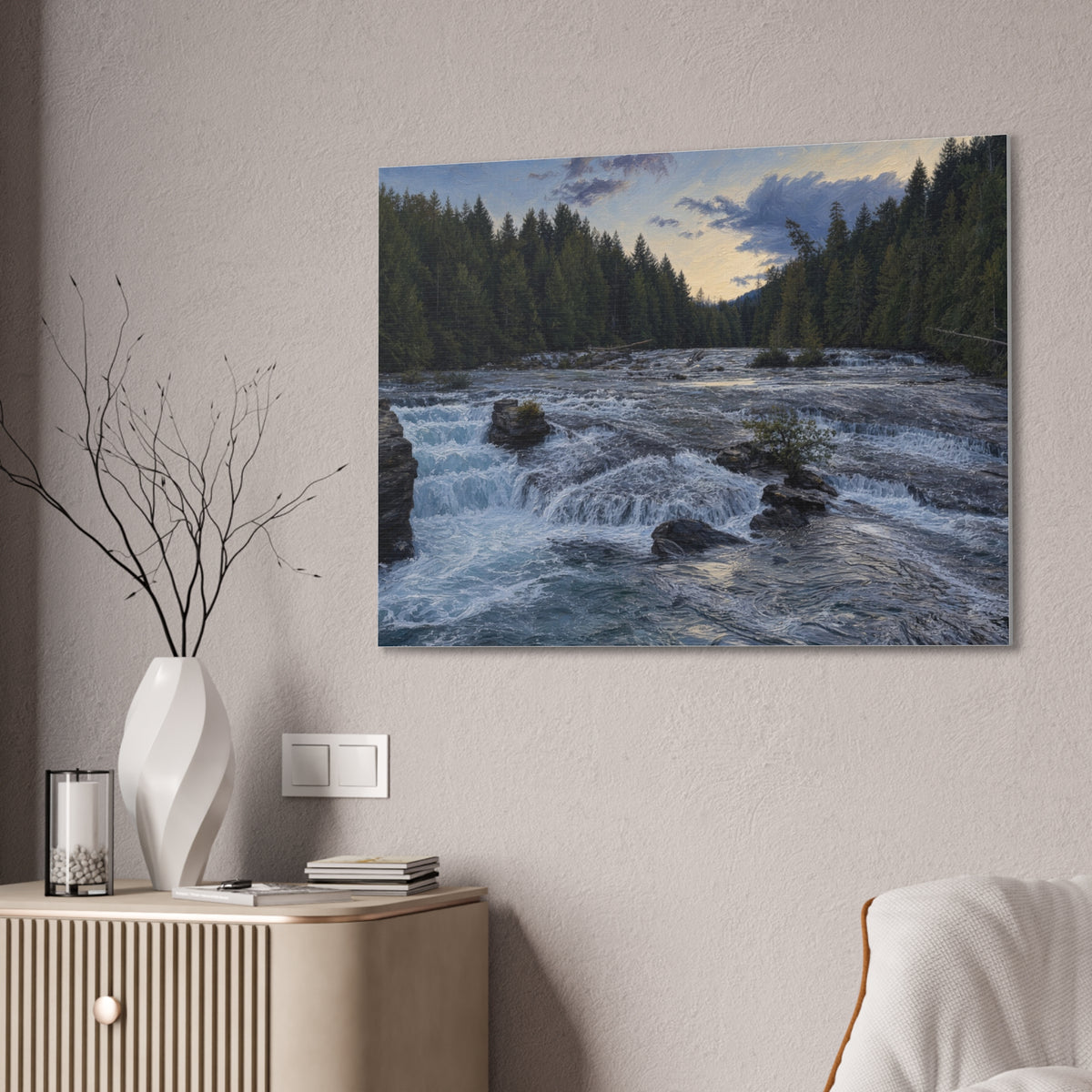 River Rapids Forest Canvas Wall Art – Scenic Waterfall Landscape Print
