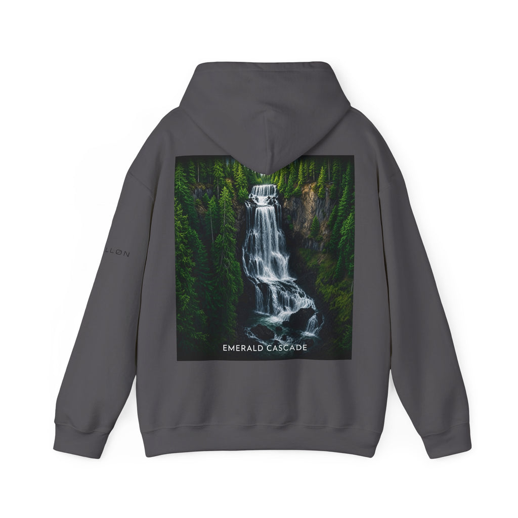 Emerald Cascade Waterfall Hoodie — Nature Graphic Hooded Sweatshirt