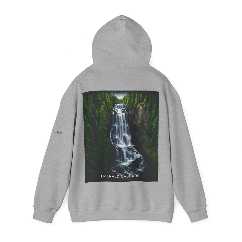 Emerald Cascade Waterfall Hoodie — Nature Graphic Hooded Sweatshirt