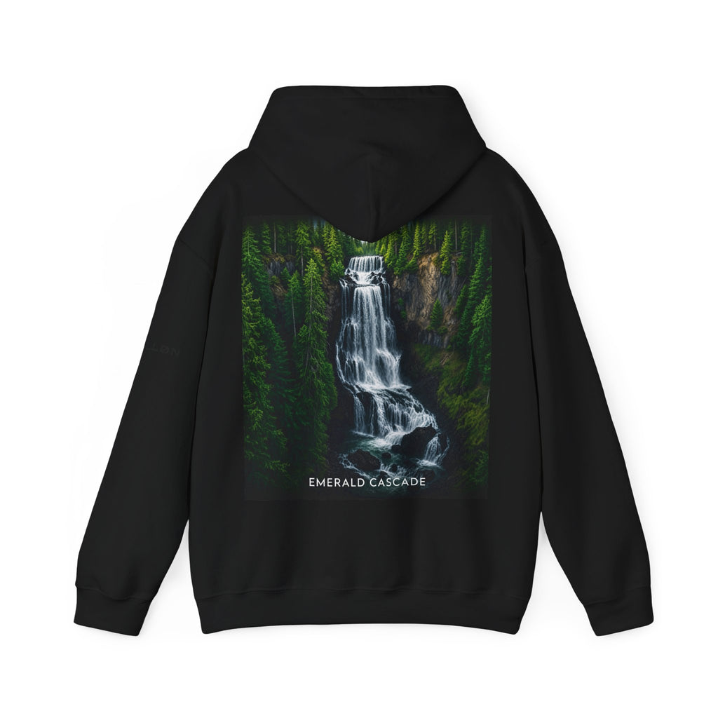 Emerald Cascade Waterfall Hoodie — Nature Graphic Hooded Sweatshirt