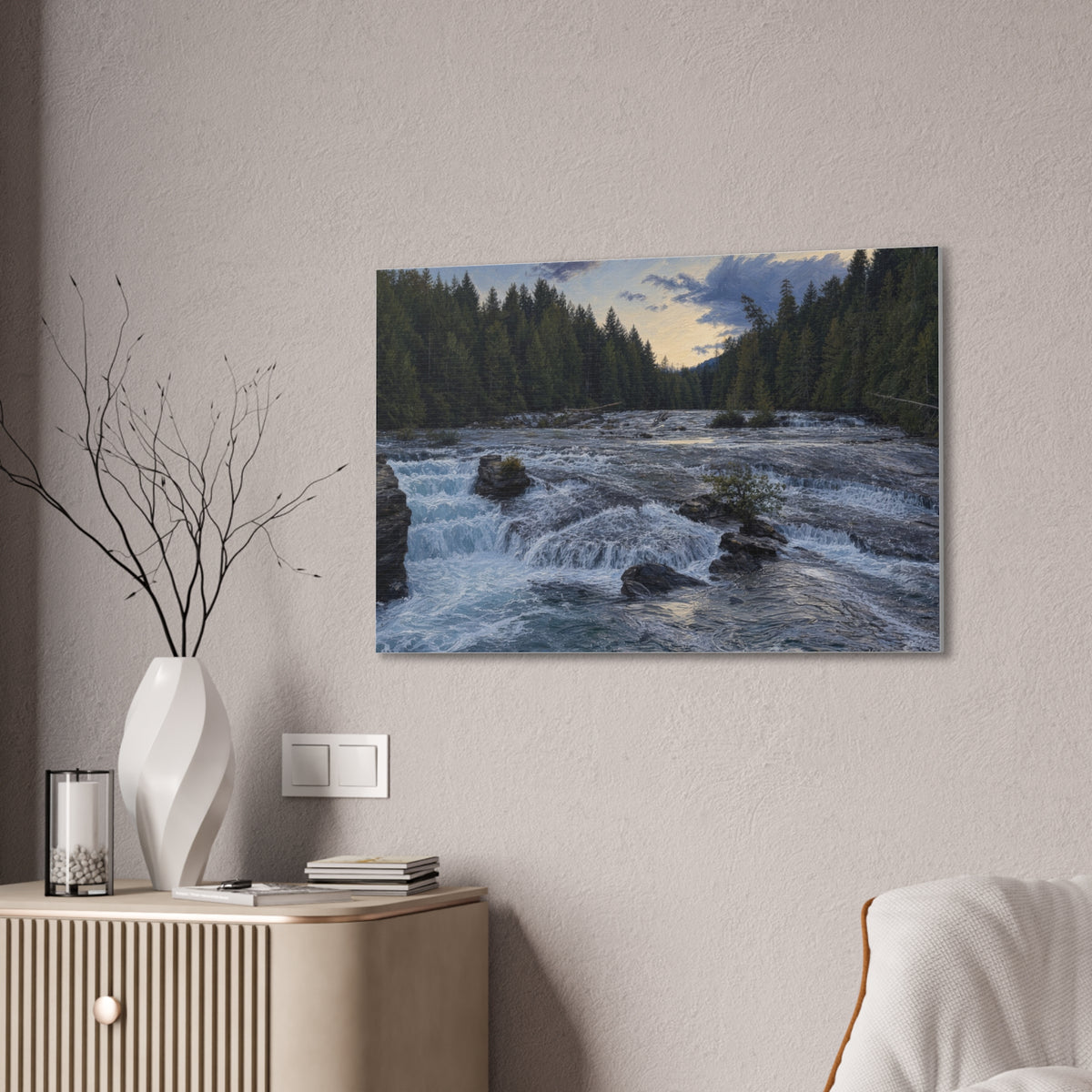 River Rapids Forest Canvas Wall Art – Scenic Waterfall Landscape Print