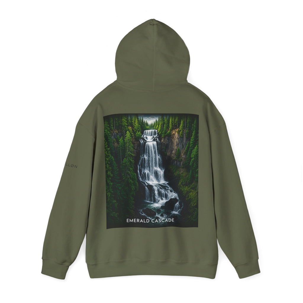 Emerald Cascade Waterfall Hoodie — Nature Graphic Hooded Sweatshirt