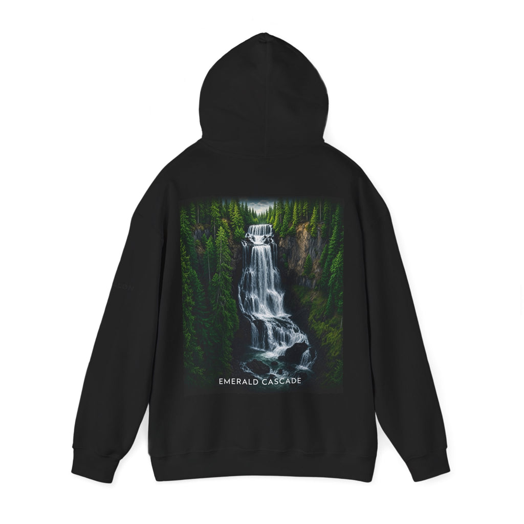 Emerald Cascade Waterfall Hoodie — Nature Graphic Hooded Sweatshirt