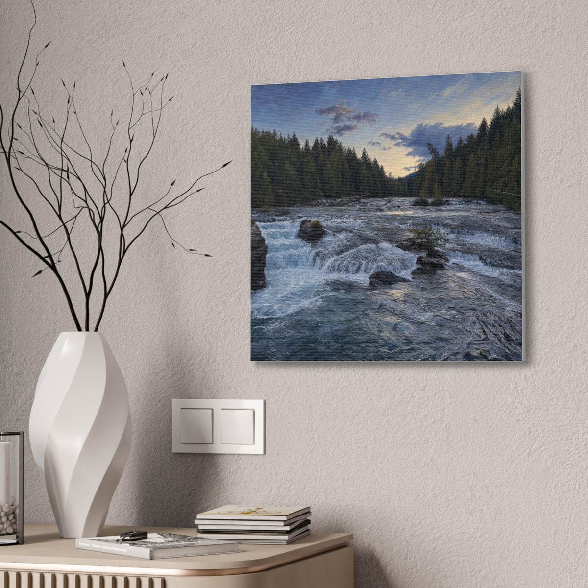 River Rapids Forest Canvas Wall Art – Scenic Waterfall Landscape Print