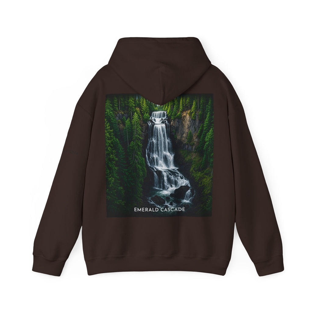 Emerald Cascade Waterfall Hoodie — Nature Graphic Hooded Sweatshirt