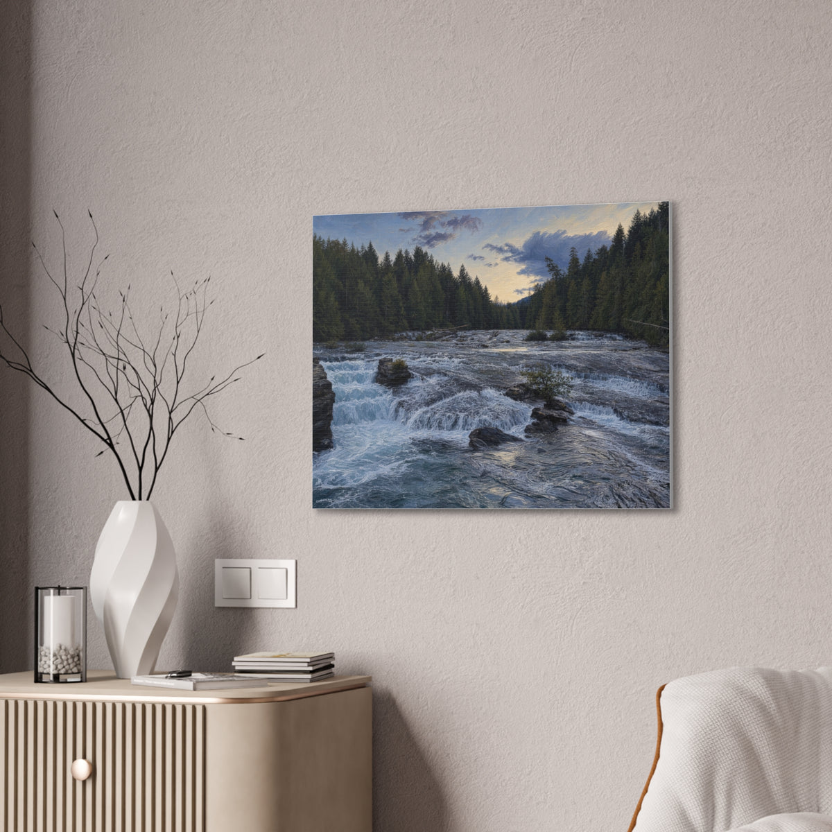 River Rapids Forest Canvas Wall Art – Scenic Waterfall Landscape Print